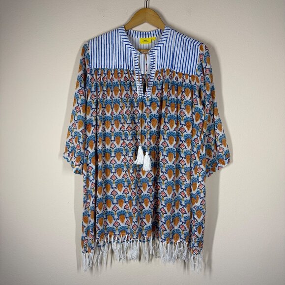 Roller Rabbit Block Print Serafina Tunic Fringe Womens Size M Swim Cover Dress - Picture 2 of 11